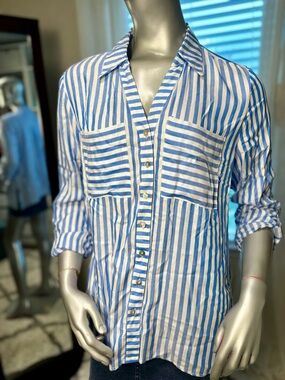 Ruby Rd Blue White Striped Blouse Petite Large PL Button Front Roll Tab NWT